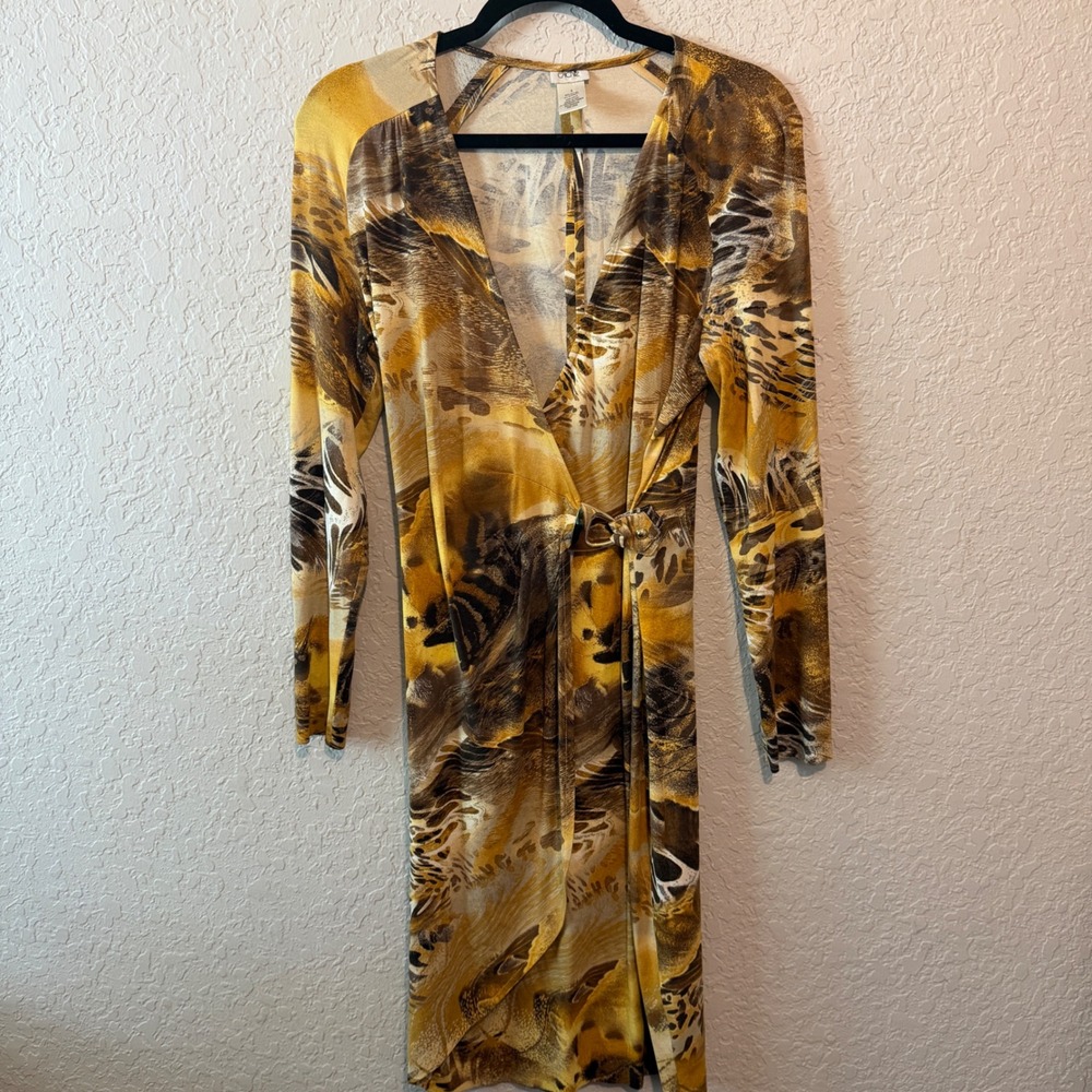 Cache Animal Print Faux Wrap Dress L Y2K Earthy Boho Gold Buckle Detail